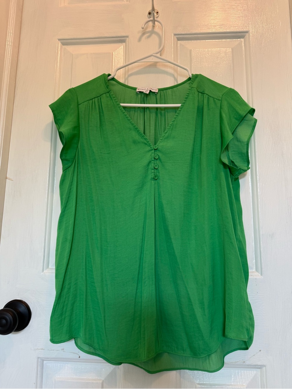 Bright Green V-Neck Flutter Sleeve Blouse - Unbranded